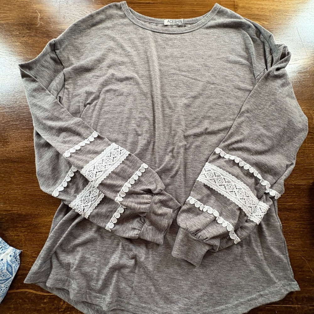 NWOT. Aceshine Gray Long Sleeve Top with White Lace Trim super comfy super cute